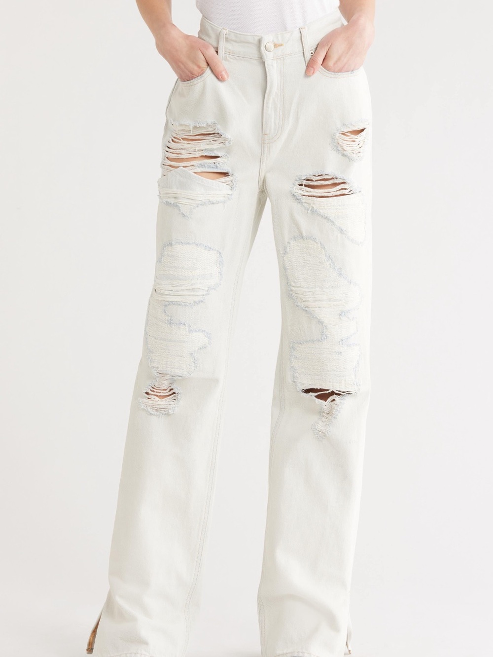 Good American White Distressed Wide-Leg Jeans